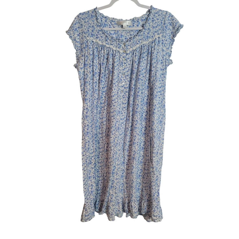 Eileen West Blue Floral Cotton Blend Sleeveless Nightgown Ruffle Lace Size Small